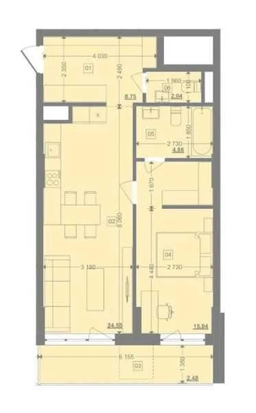 Sale of a 1-bedroom apartment 58.52 sq.m. with a view of the lake in
