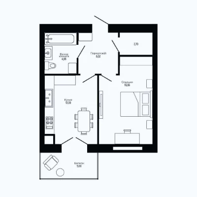 For sale, one-bedroom apartment 48 sq.m. near the city lake