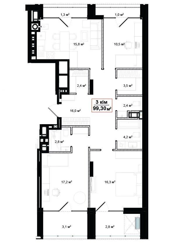 3-комнатная квартира 99,3 м² в ЖК премиум-класса на ул. Шевченко
