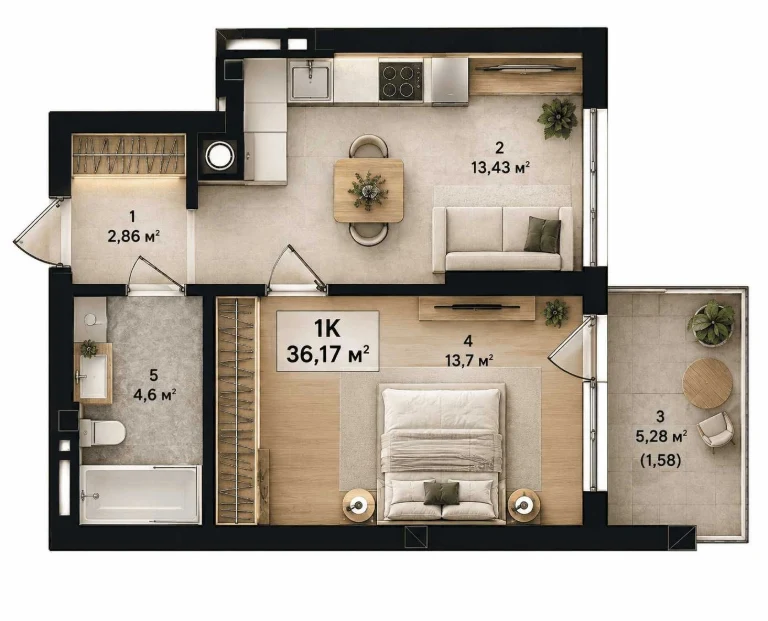 1-room apartment with filling in installments