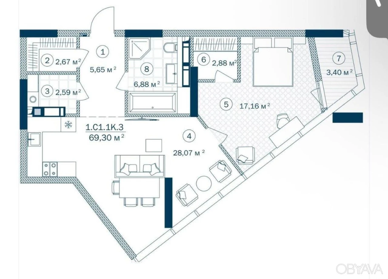 2-комнатная квартира, 69.3 кв.м