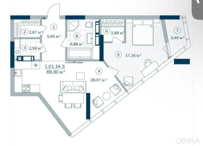 2-комнатная квартира, 69.3 кв.м