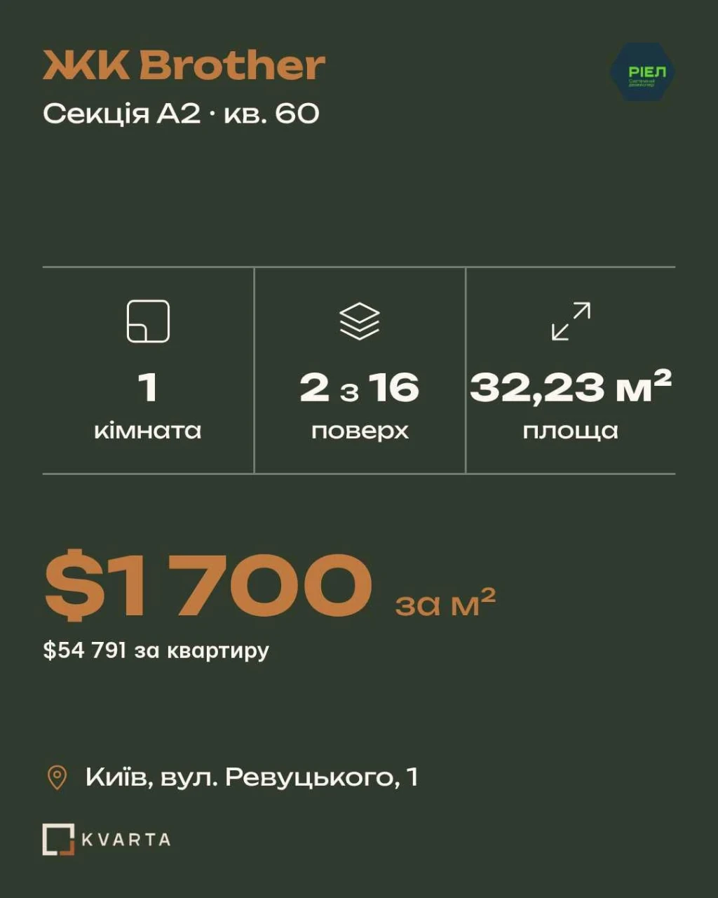 1-кімнатна квартира 32,23 м², 2 поверх, ЖК Brother, Дарницьк