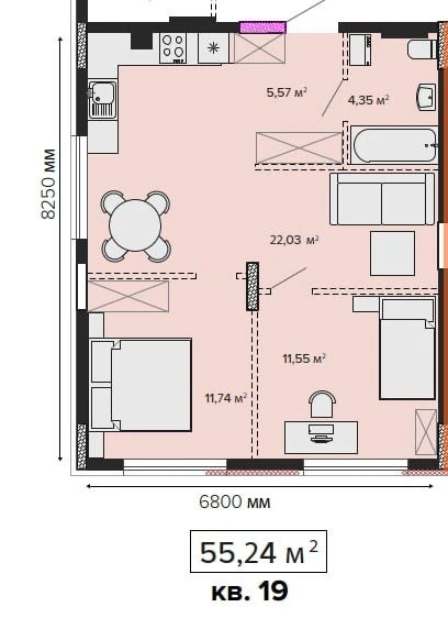 2-bedroom 55 sq m², Pavlo Tychyna Street 1-A, SOFIhome Residence, 3 floors