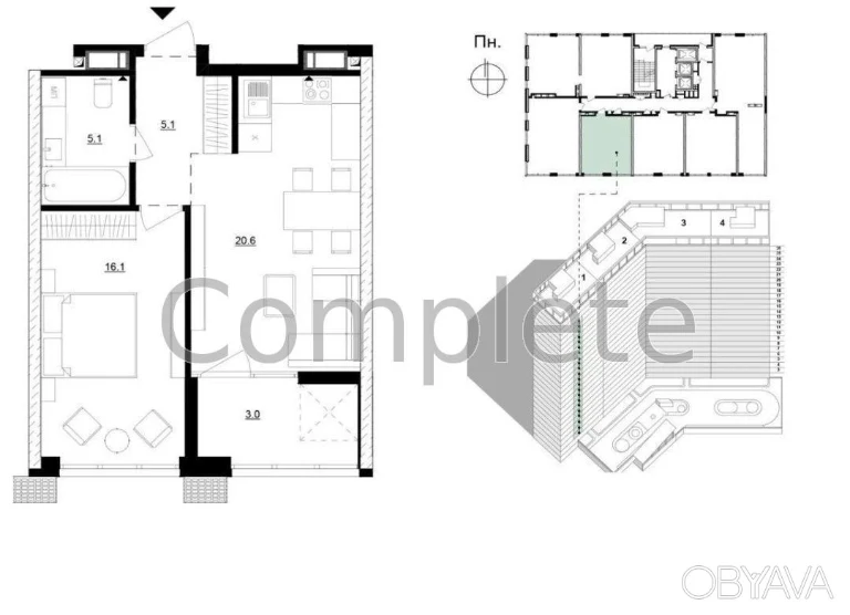 1-bedroom apartment, 50 sq.m.