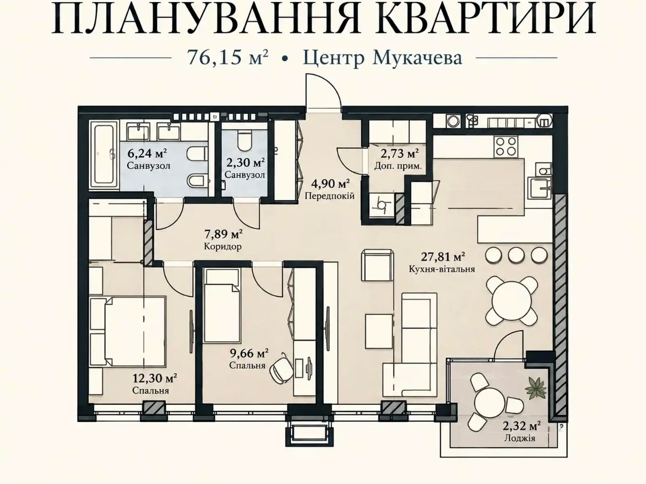 Sale of a 2-room apartment 76.15 m² on the 5th floor.