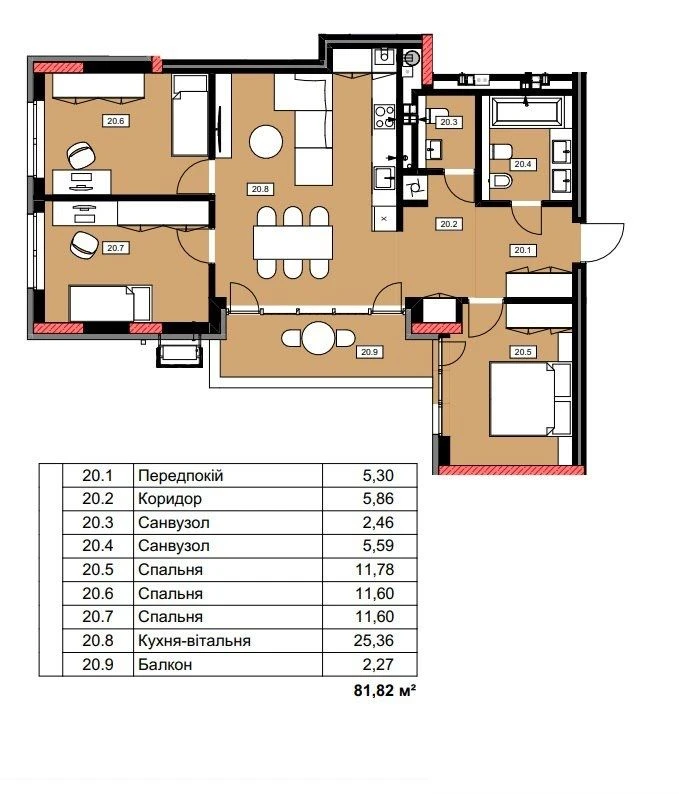 ЖК Central Park (друга черга будівництва) 81,82 м² | 3 спальні