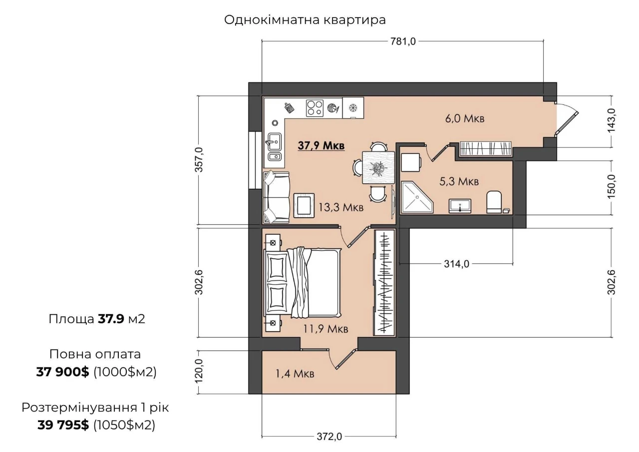 Однокімнатна квартира 37.9 м2 в новобудові "FREEDOM" біля це