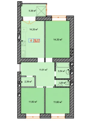 3-кімнатна 75,77 м² в ЖК «Молодість» | 3-й поверх | Ірпінь