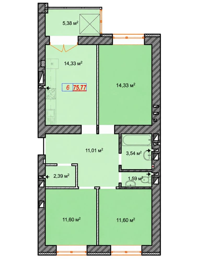 3-кімнатна 75,77 м² у ЖК «Молодість» | 3 поверх | Ірпінь