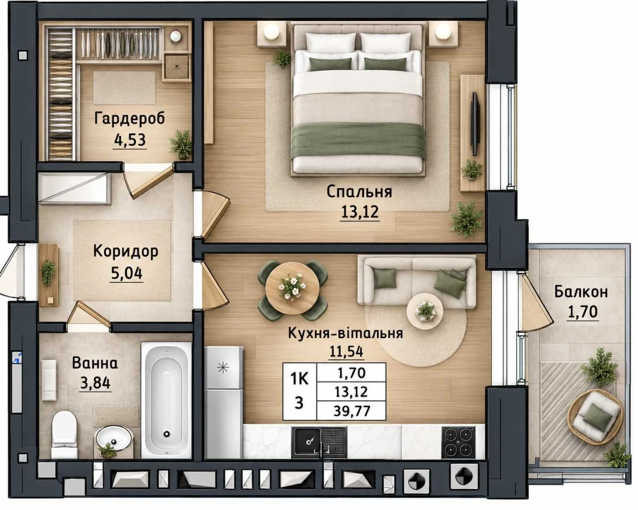 1-кімнатна квартира 39,77 м² в ЖК Бургундія 3, Ірпінь, газ, балкон