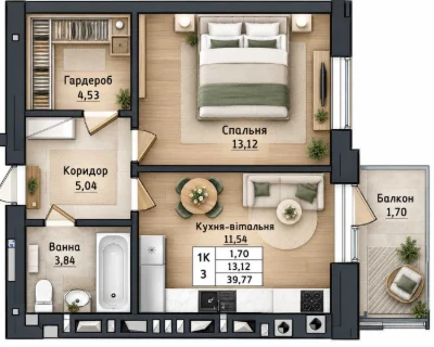 1-кімнатна квартира 39,77 м² в ЖК Бургундія 3, Ірпінь, газ, балкон