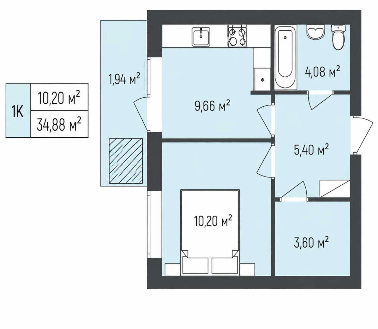 1к квартира 34,88 м² в ЖК Бургундія 3, газ, балкон, гардероб