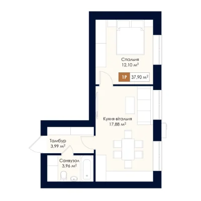 One-bedroom apartment with kitchen-living room, 2nd floor, St. Sob