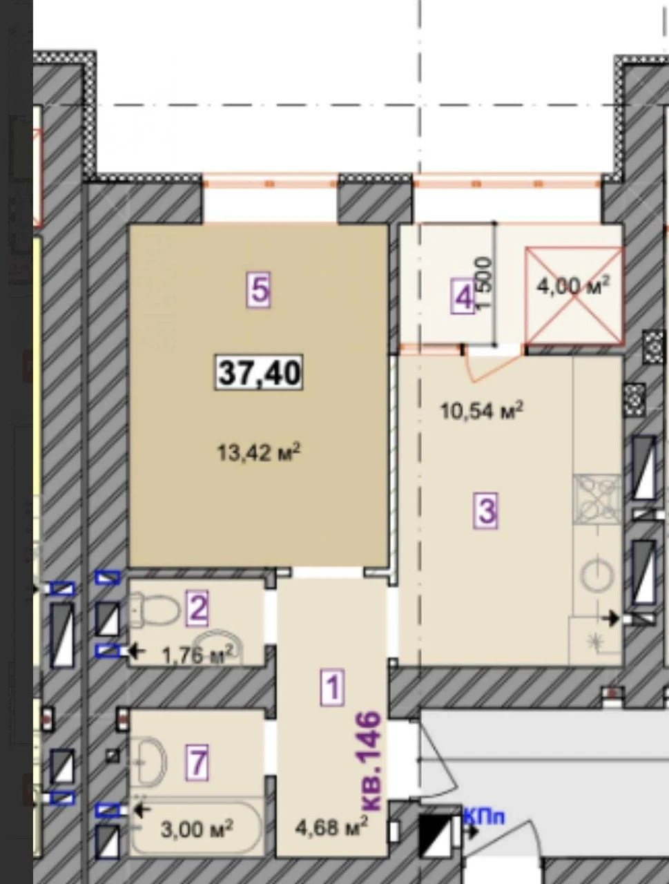 1-room apartment 37.4 sq m | 6th floor | Gas |