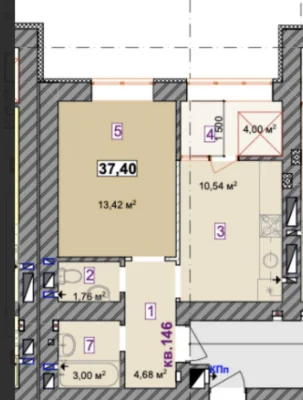 1-room apartment 37.4 sq m | 6th floor | Gas |