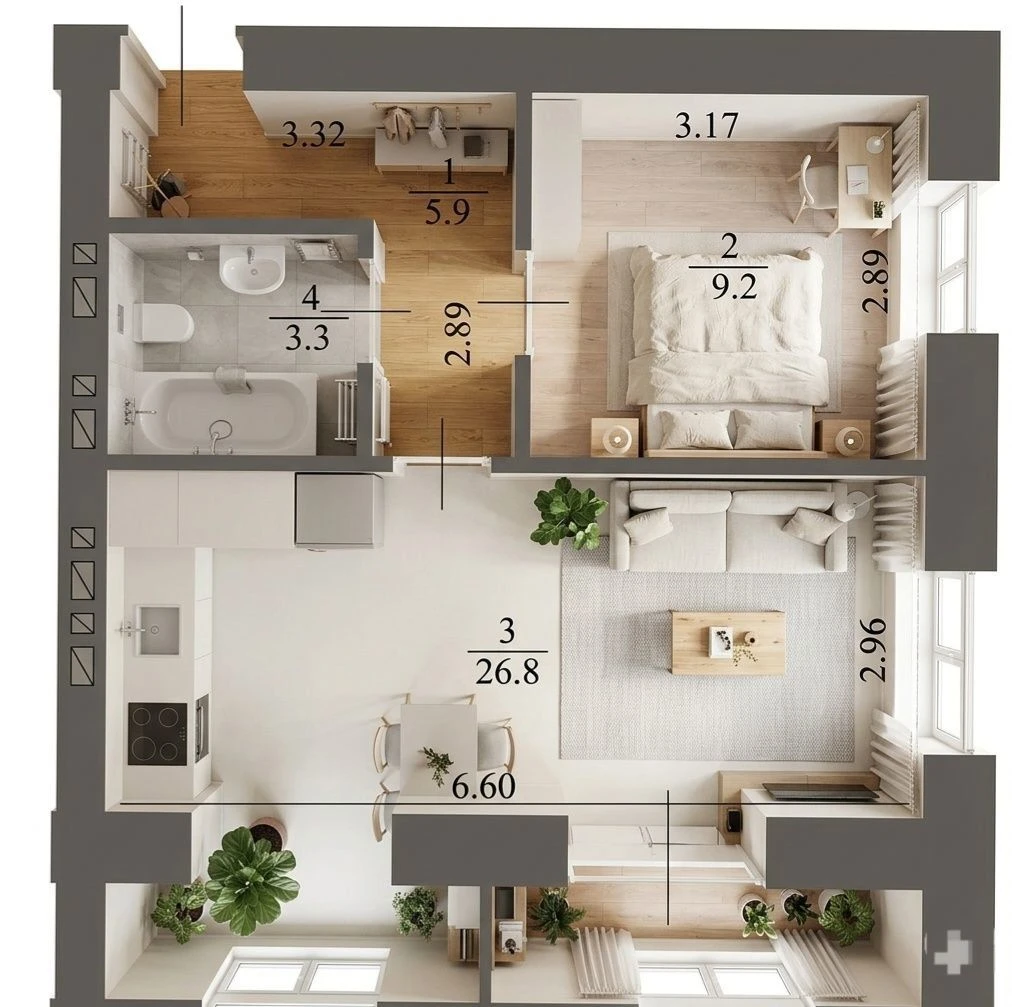 For Sale 2-bedroom apartment 44 sq.m +30% RENOVATED, can be used with a Certificate, Vacant