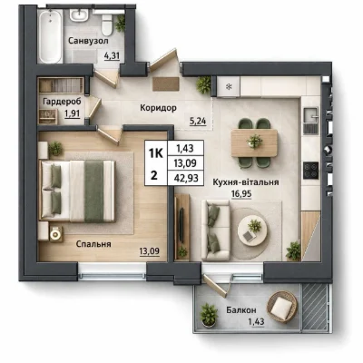 1-bedroom apartment, 42.93 sq m, in the "Burgundiya 3" residential complex, Irpin.