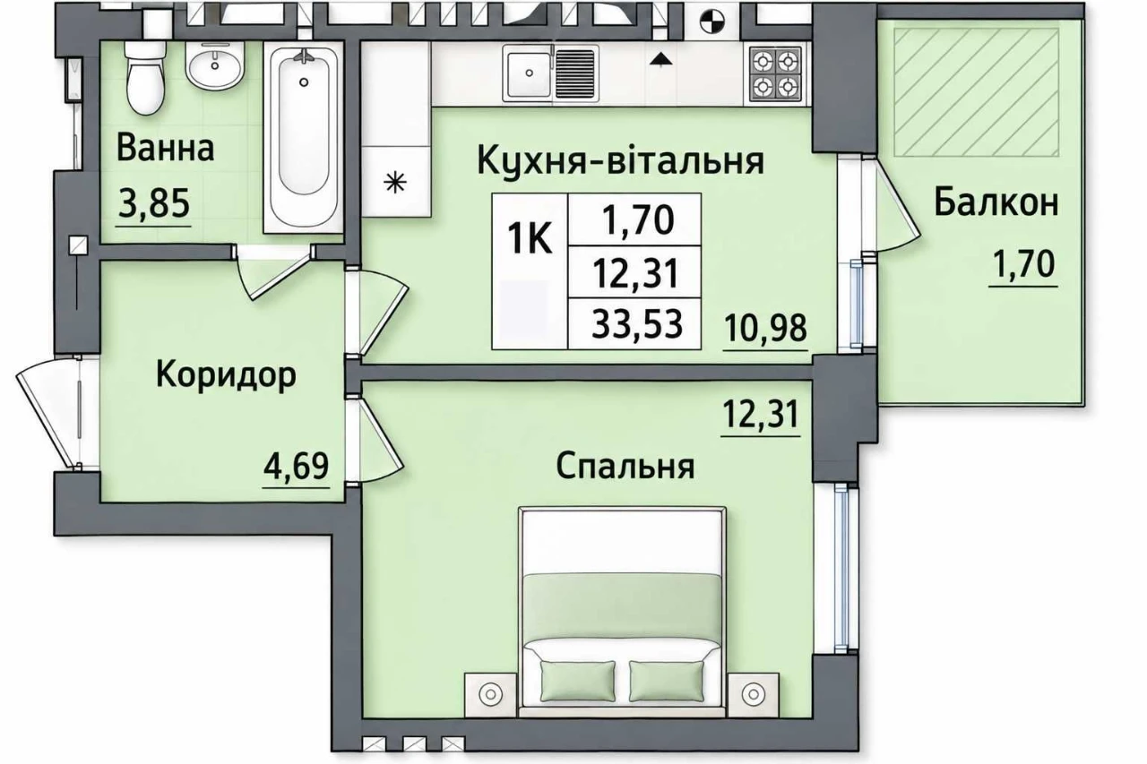1 room apartment 33.53 sq m in residential complex Burgundia 3, Irpin, gas balcony