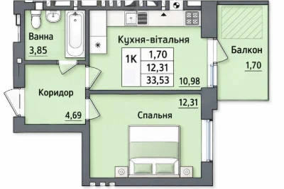 1 room apartment 33.53 sq m in residential complex Burgundia 3, Irpin, gas balcony