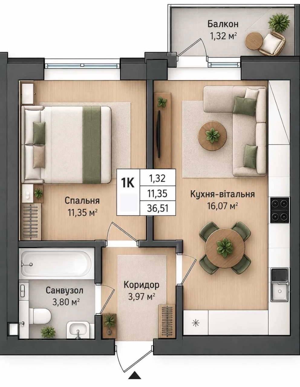 1к квартира 36,51 м² с газовым отоплением и балконом, Ирпень