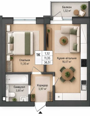 1к квартира 36,51 м² с газовым отоплением и балконом, Ирпень