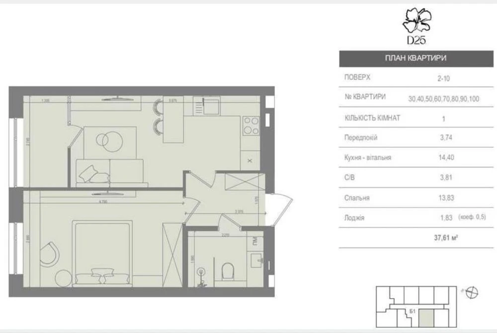 Рассрочка, ваучер, сертификат | 36,5 м² | ЖК D25 | Ирпень | Б