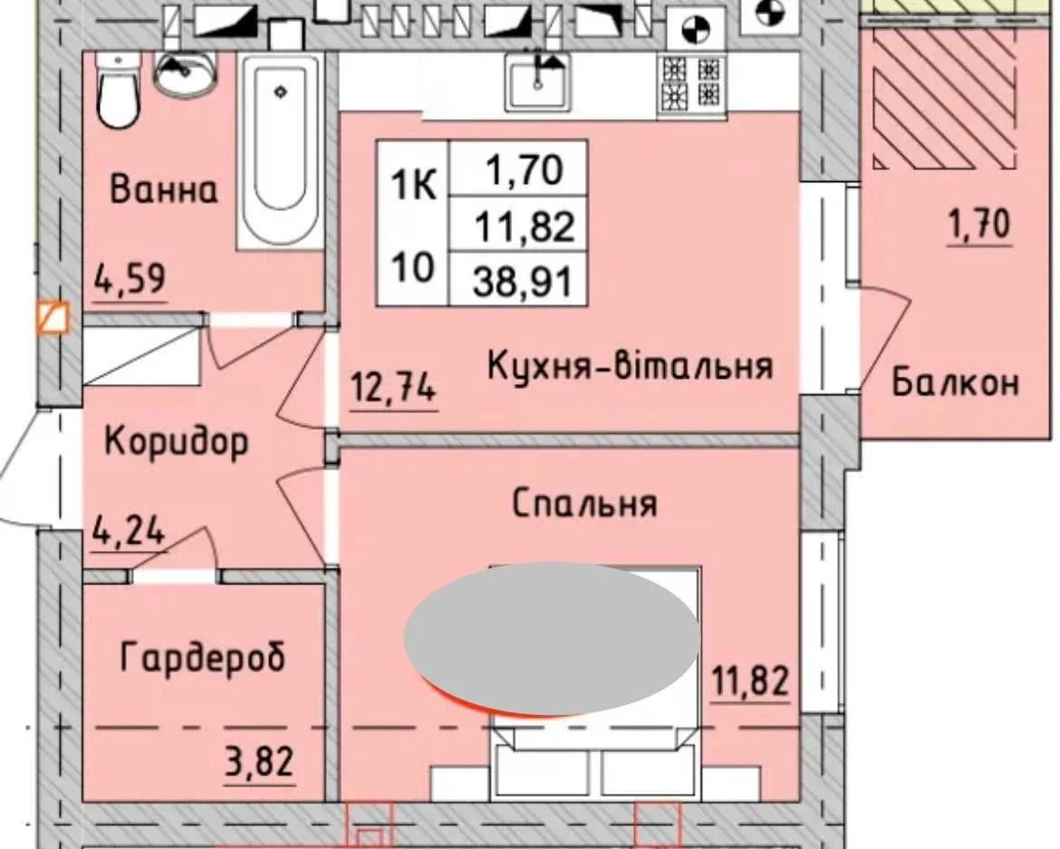 1-room apartment 38.91 sq.m with gas in the "Bourgondia" residential complex in Irpin