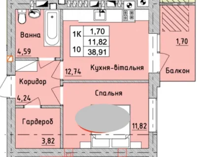 1-room apartment 38.91 sq.m with gas in the "Bourgondia" residential complex in Irpin
