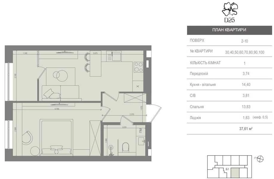 1-bedroom apartment 37 sq m in the center of Irpin, D25 business class residential complex, view.