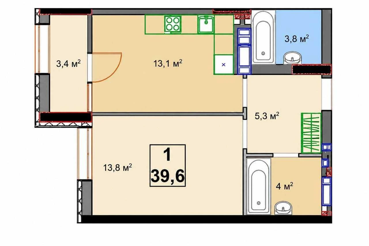 1-комнатная квартира 39,6 кв.м ЖК Irpin City Ирпень, рядом Романивка
