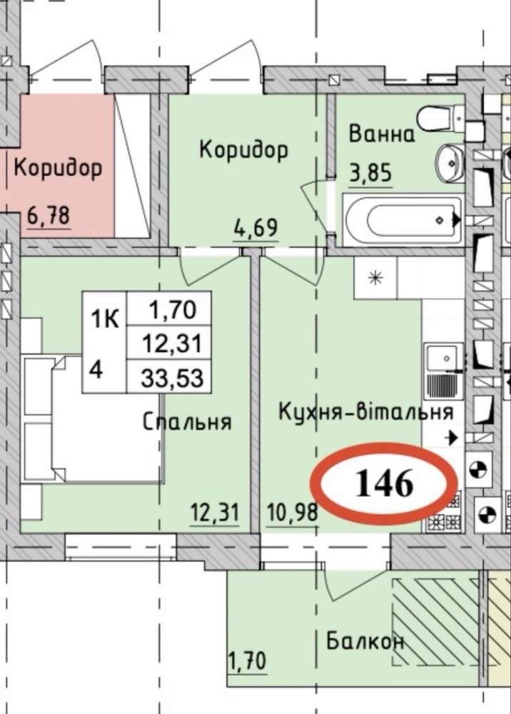 1 комн. кв. 33,53 кв.м, ЖК "Бургундія"