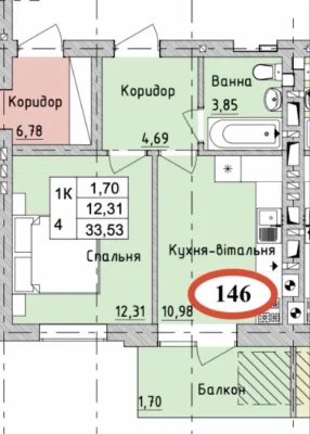 1 комн. кв. 33,53 кв.м, ЖК "Бургундія"