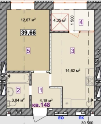 One-bedroom apartment / 39.66 sq.m. in Молодість residential complex, near Kyiv