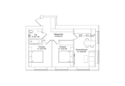 Two-room ready apartment, 3 large windows in the kitchen, gas!