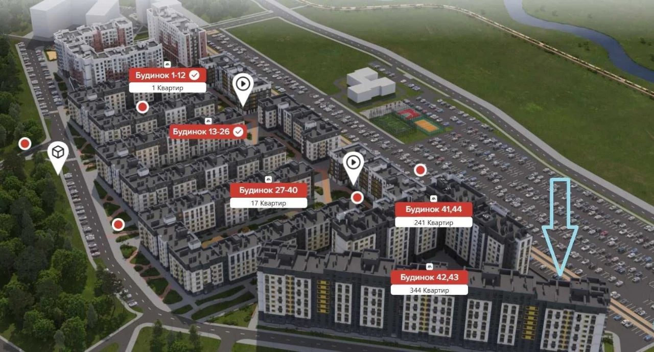 1-квартира 41,06 м2 ЖК Молодість в м.Ірпінь, вид на набережну