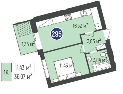 1-room apartment, studio kitchen, balcony, gas, 37 sq m, Burgundiya 3, in