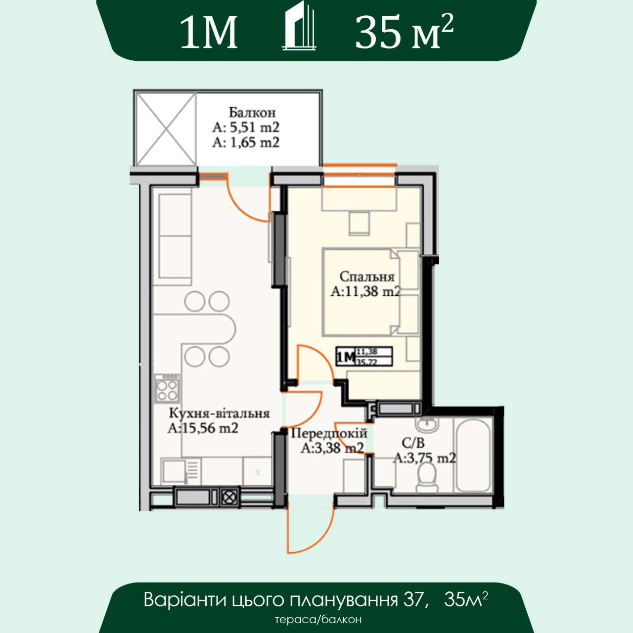 1-room Apartment 35 sq m, Buy in Installment