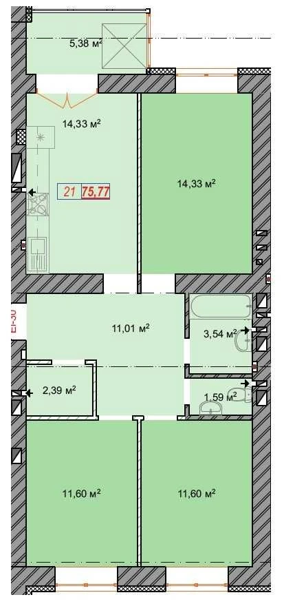 3-room apartment 75.7 sq m in the residential complex "Molodyest" near the embankment in Irpin