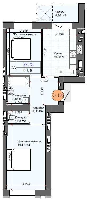 2-к квартира 56,1 м2 ЖК Олімп 3, забудовник, Серти