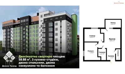 Двокімнатна квартира / Розтермінування під 0% / Долина Троян