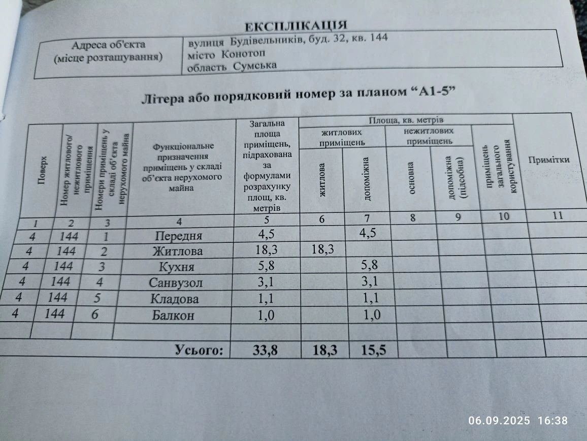 1-км.квартира. м.Конотоп.Заг.площа 33.8 м2
