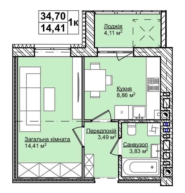 НОВА КВАРТИРА в тихому районі міста 34.70м2