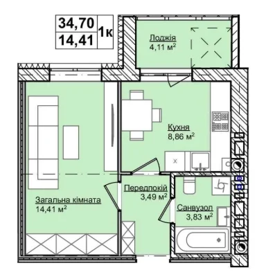 НОВА КВАРТИРА в тихому районі міста 34.70м2
