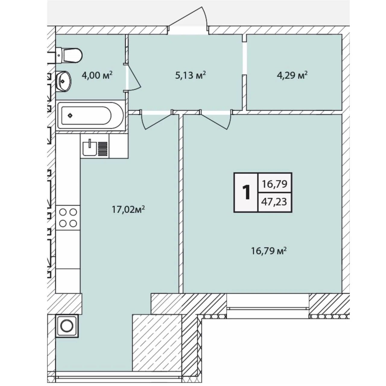 One-bedroom apartment with a wardrobe on the 5th floor