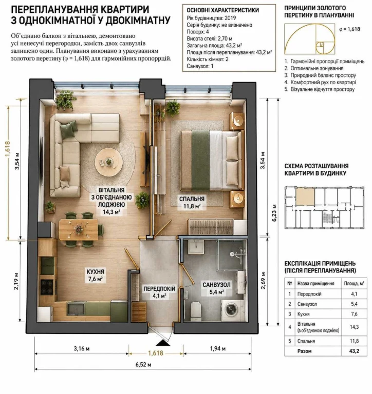 2-кімнатна квартира 43,2 м² у ЖК «Нова Буча» — 1 поверх, газ