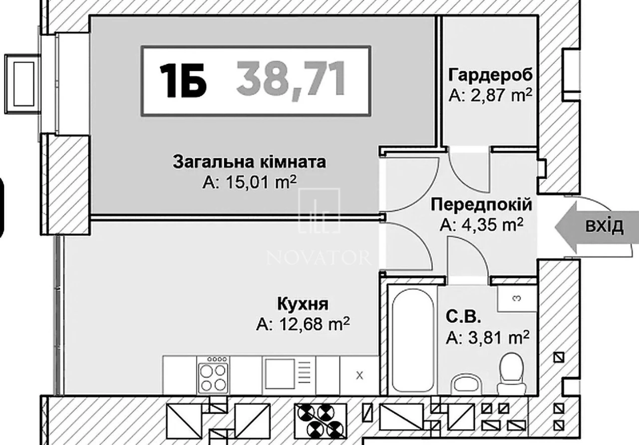 Квартира, 1-кімн., 38.7 м², Буча