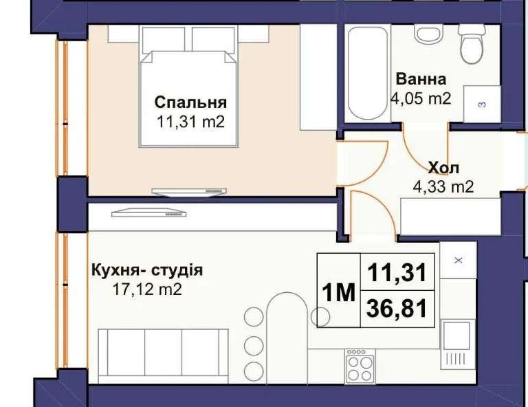 Sale of a 1-bedroom apartment (37m2) with a balcony and a bomb shelter