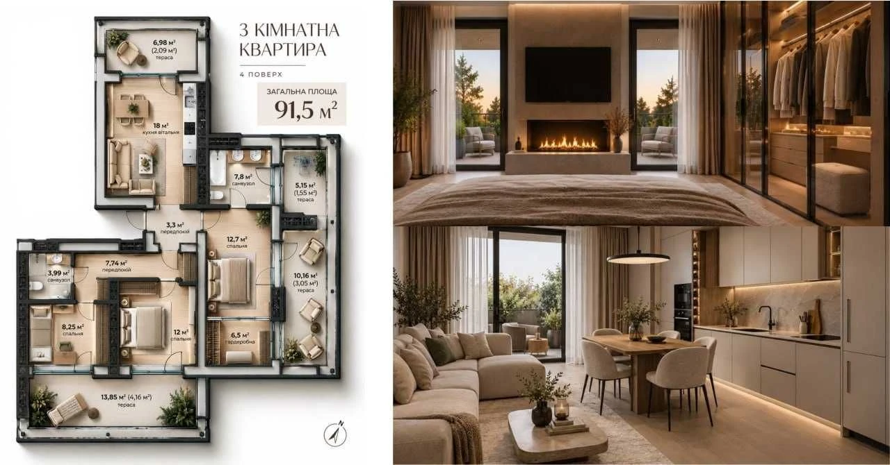 3-кімнатна квартира 91,5 кв.м з каміном, 4 закриті тераси!
