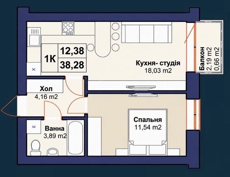 1-room apartment in the center of Bucha, spacious kitchen, city center